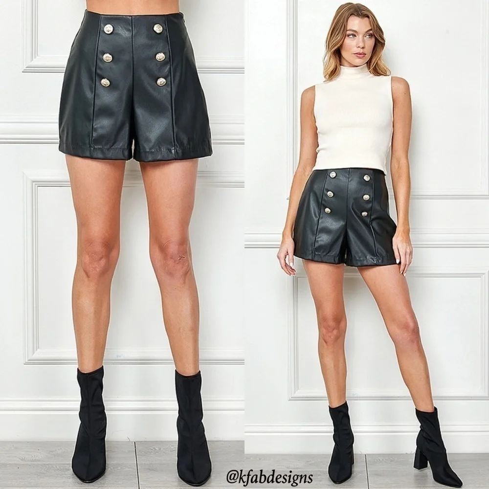 NEW! Black Faux Leather High Waist Gold Tone Button Shorts! - Picture 2 of 6